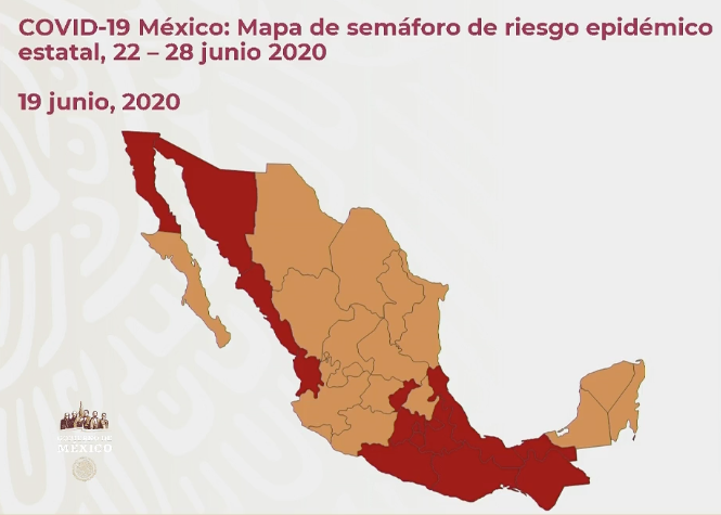 COVID-19 México: Mapa del semáforo de riesgo epidémico estatal 22 - 28 de junio 2020