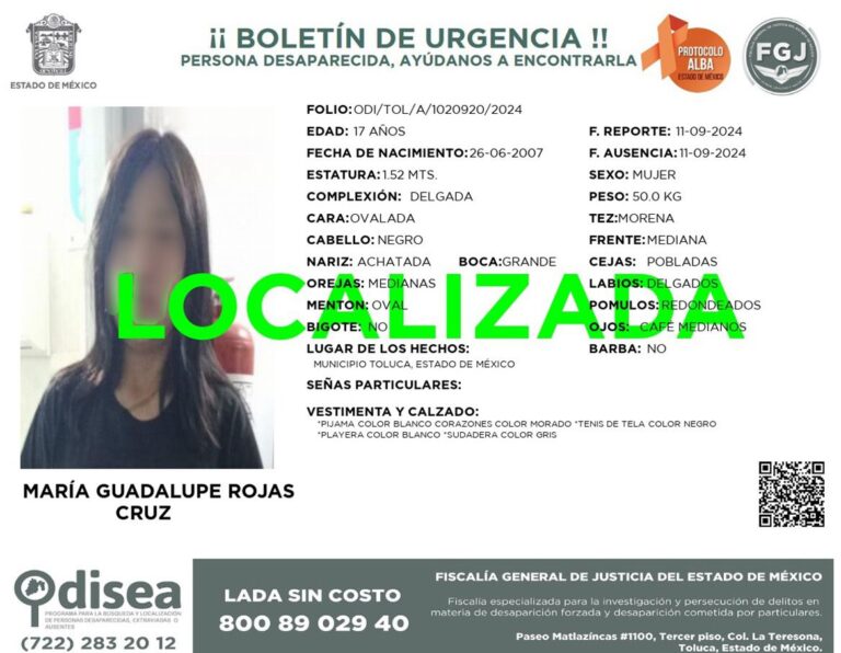 FGJEM localiza en Tultepec a adolescente de 17 años, reportada como desaparecida en la capital mexiquense