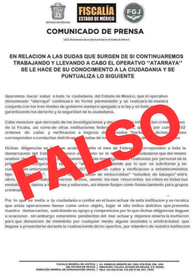 Alerta fiscalía EDOMEX sobre falso “Comunicado de prensa” 